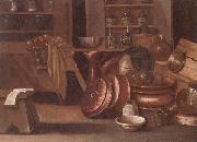 unknow artist A Kitchen still life of utensils and fruit in a basket,shelves with wine caskets beyond painting